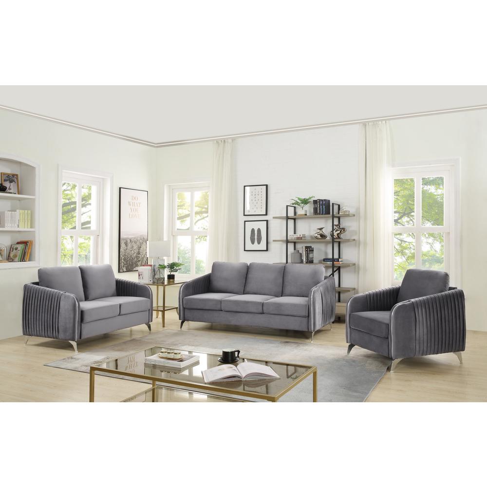 Hathaway Gray Velvet Fabric Sofa Loveseat Chair Living Room Set. Picture 4