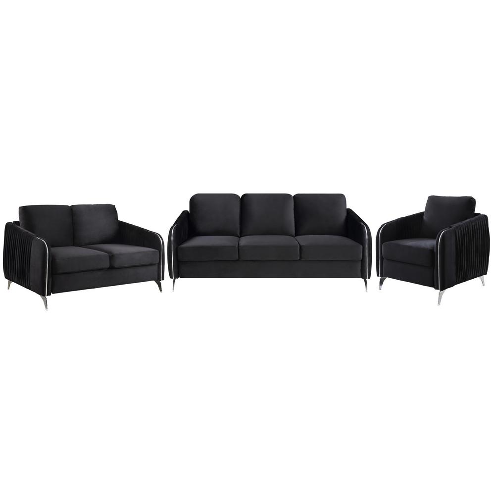 Hathaway Black Velvet Fabric Sofa Loveseat Chair Living Room Set. Picture 2