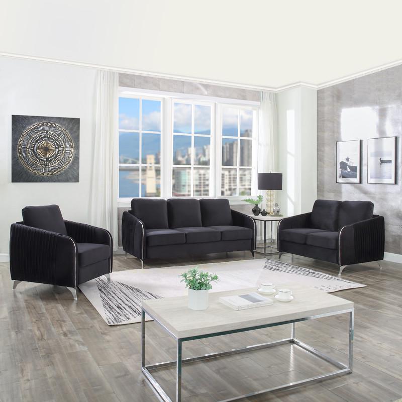 Hathaway Black Velvet Fabric Sofa Loveseat Chair Living Room Set. Picture 4