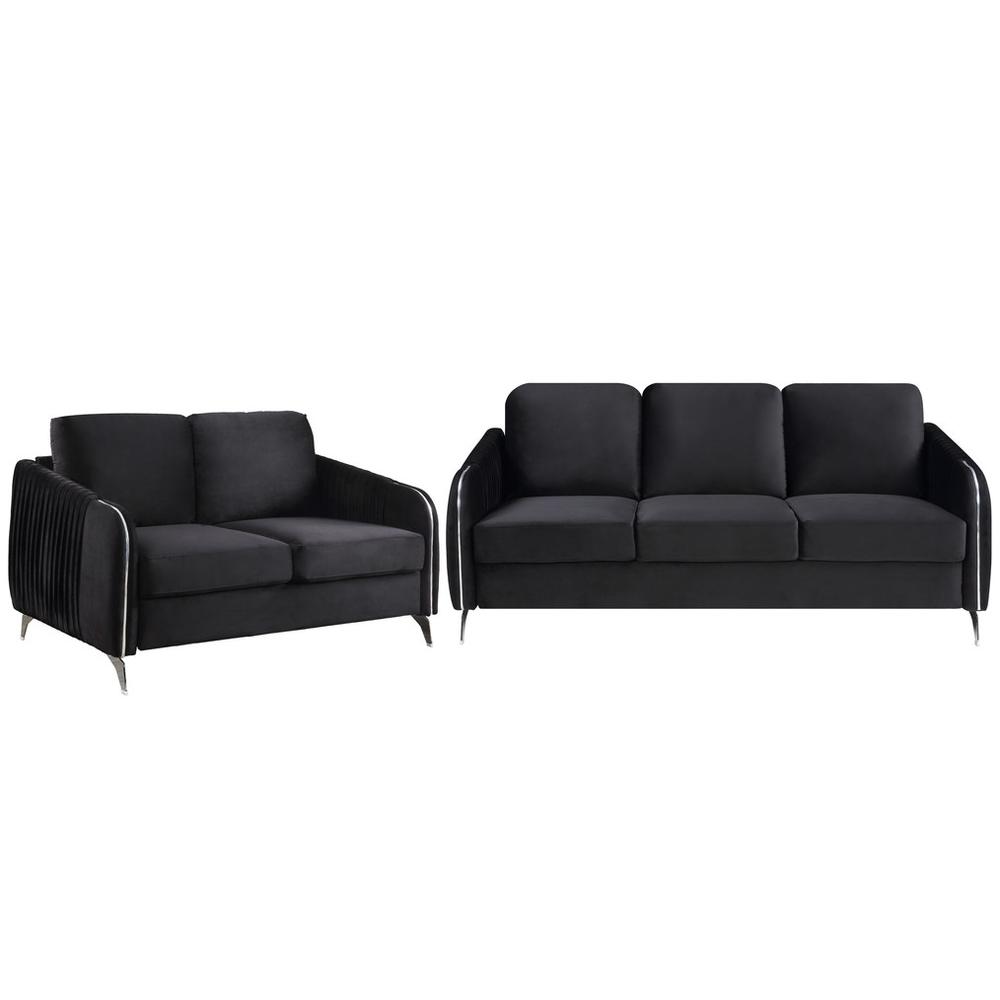 Hathaway Black Velvet Fabric Sofa Loveseat Living Room Set. Picture 2