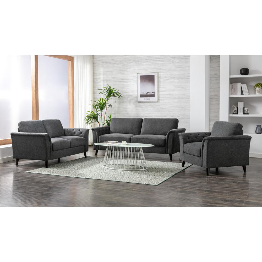Stanton Dark Gray Linen Sofa Loveseat Chair Living Room Set. Picture 12