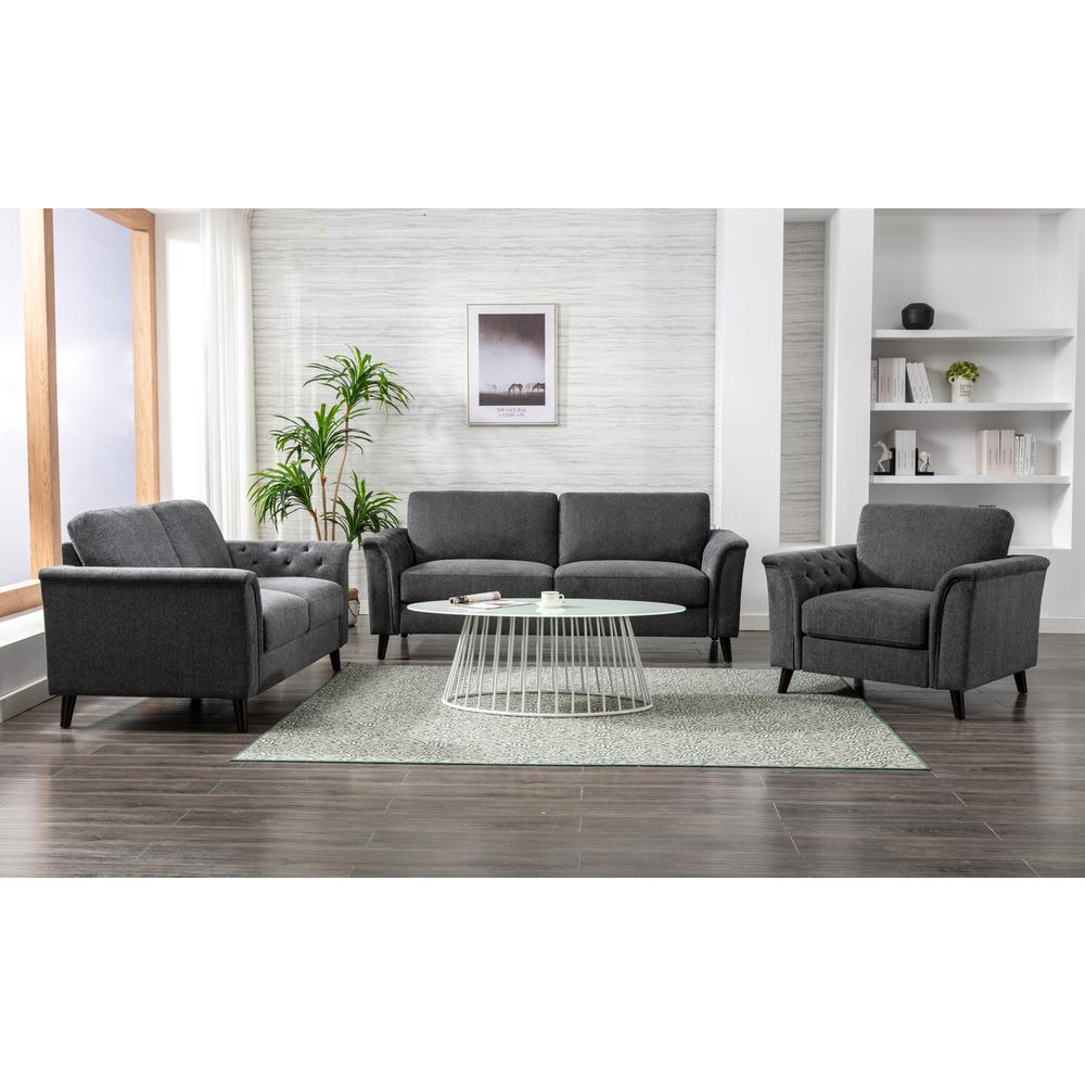 Stanton Dark Gray Linen Sofa Loveseat Chair Living Room Set. Picture 13