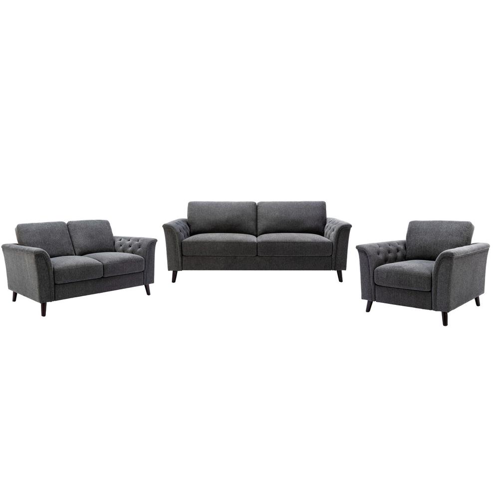 Stanton Dark Gray Linen Sofa Loveseat Chair Living Room Set. Picture 1