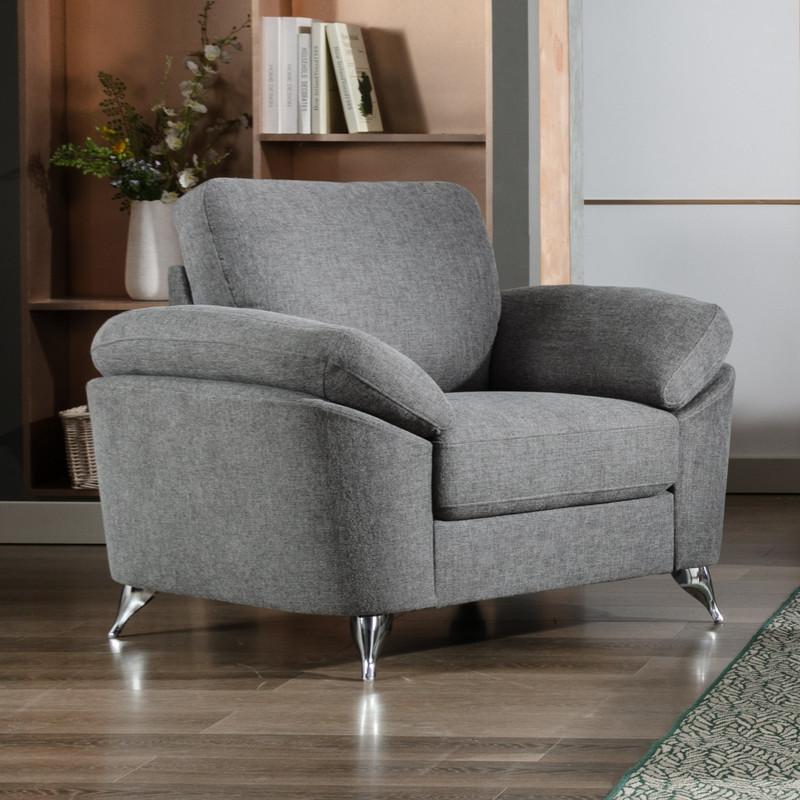 Villanelle Light Gray Linen Chair with Chrome Finish Legs. Picture 4