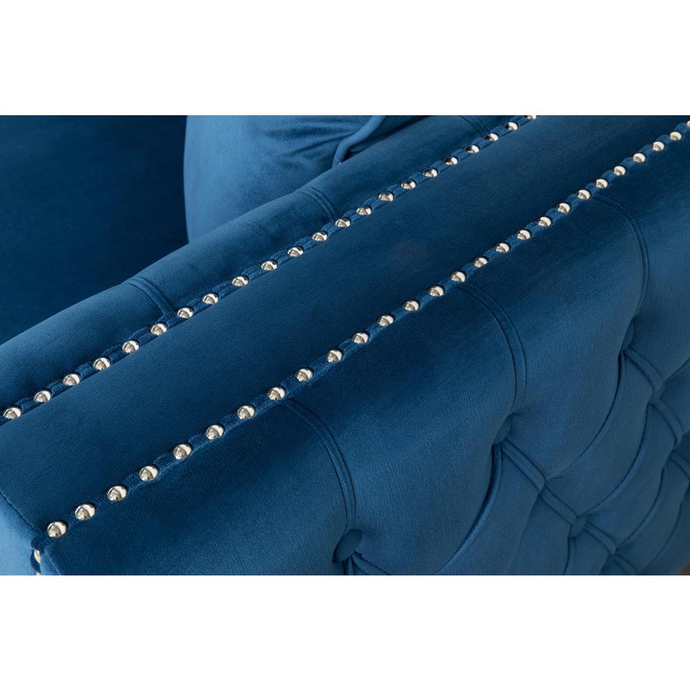Ryan Deep Blue Velvet Double Chaise Sectional Sofa with Nail-Head Trim. Picture 3