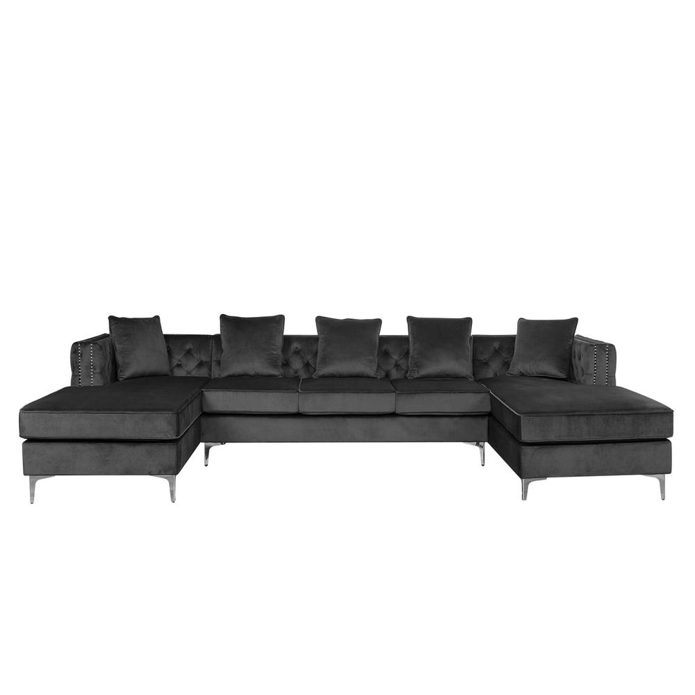 Ryan Dark Gray Velvet Double Chaise Sectional Sofa with Nail-Head Trim. Picture 2