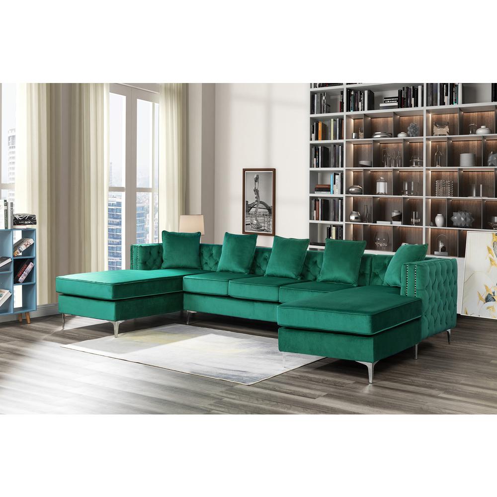 Ryan Green Velvet Double Chaise Sectional Sofa with Nail-Head Trim. Picture 2