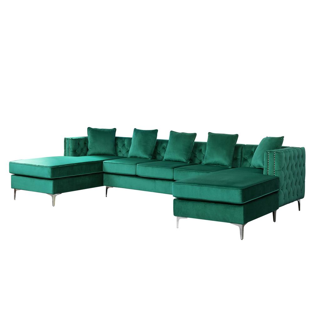 Ryan Green Velvet Double Chaise Sectional Sofa with Nail-Head Trim. The main picture.