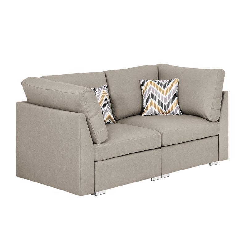 Amira Beige Fabric Loveseat Couch with Pillows. The main picture.