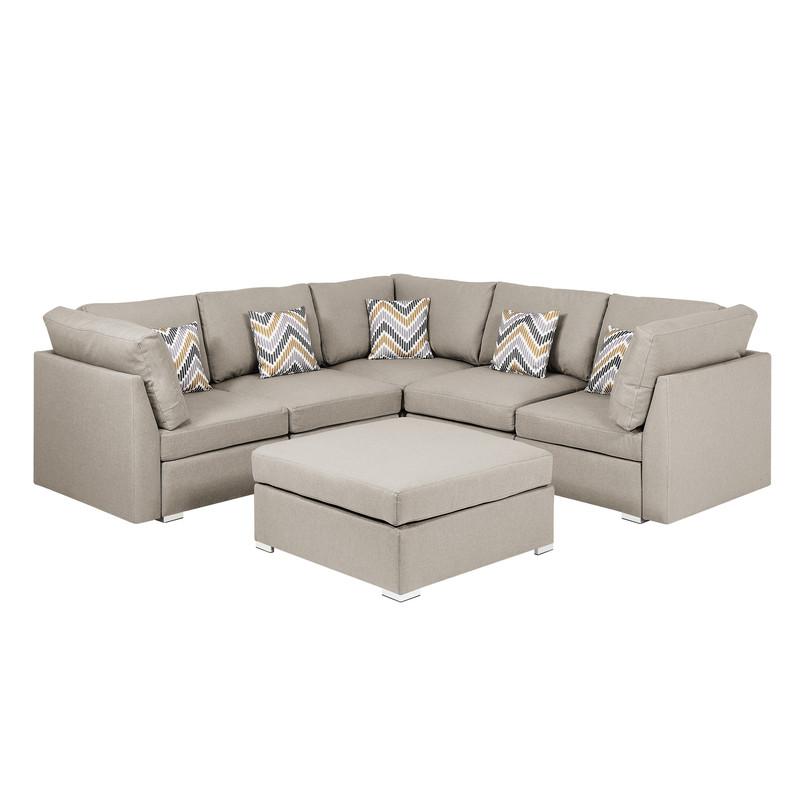 Amira Beige Fabric Reversible Sectional Sofa with Ottoman and Pillows. Picture 1