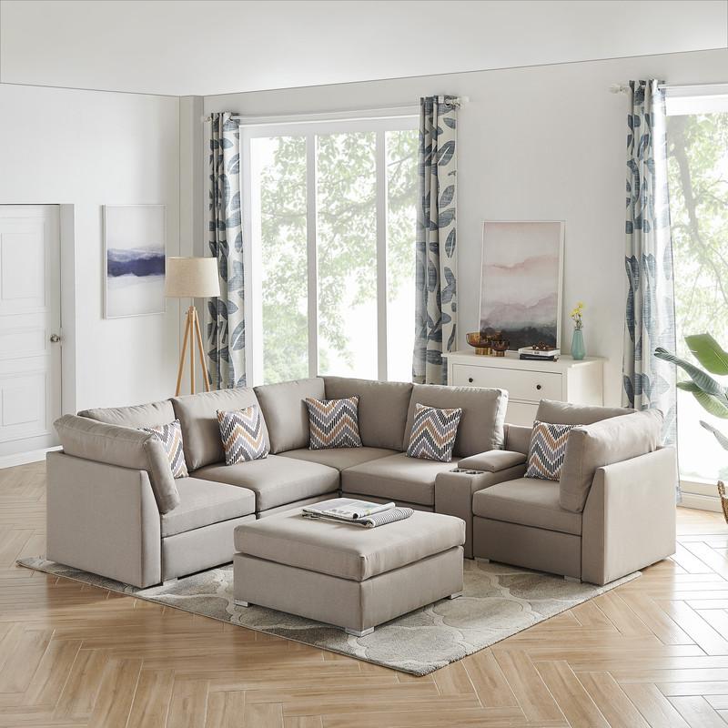Amira Beige Fabric Reversible Sectional Sofa with USB Console and Ottoman. Picture 3