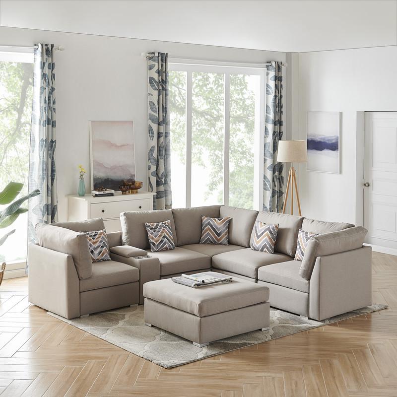 Amira Beige Fabric Reversible Sectional Sofa with USB Console and Ottoman. Picture 4