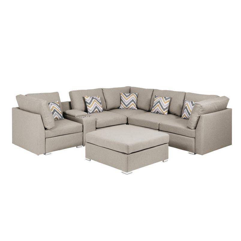 Amira Beige Fabric Reversible Sectional Sofa with USB Console and Ottoman. Picture 1