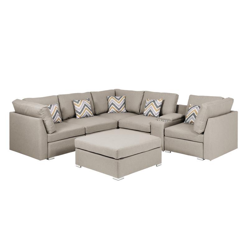 Amira Beige Fabric Reversible Sectional Sofa with USB Console and Ottoman. Picture 2