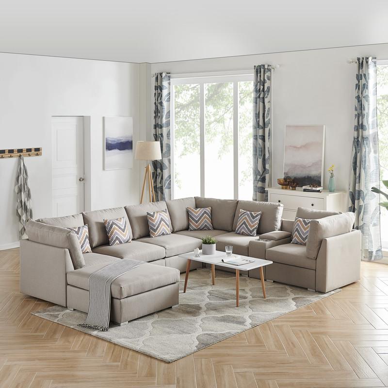 Amira Beige Fabric Reversible Modular Sectional Sofa with USB Console & Ottoman. Picture 2
