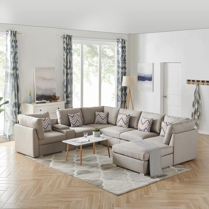Amira Beige Fabric Reversible Modular Sectional Sofa with USB Console & Ottoman. Picture 3