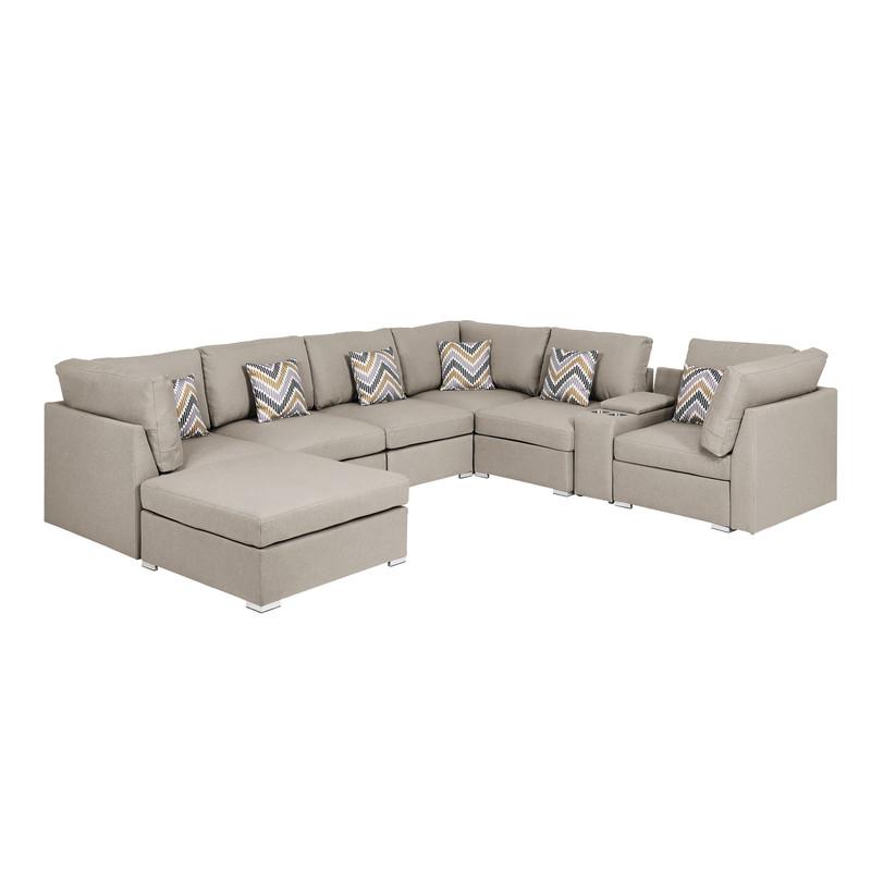 Amira Beige Fabric Reversible Modular Sectional Sofa with USB Console & Ottoman. Picture 4