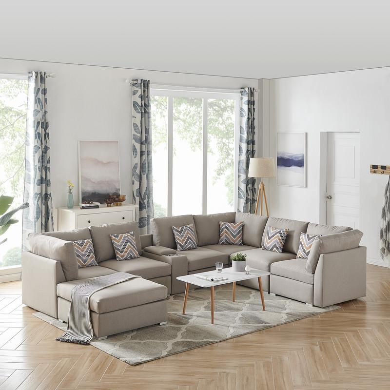 Lucy Beige Fabric Reversible Modular Sectional Sofa with USB Console and Ottoman. Picture 6