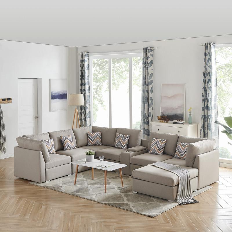 Lucy Beige Fabric Reversible Modular Sectional Sofa with USB Console and Ottoman. Picture 5