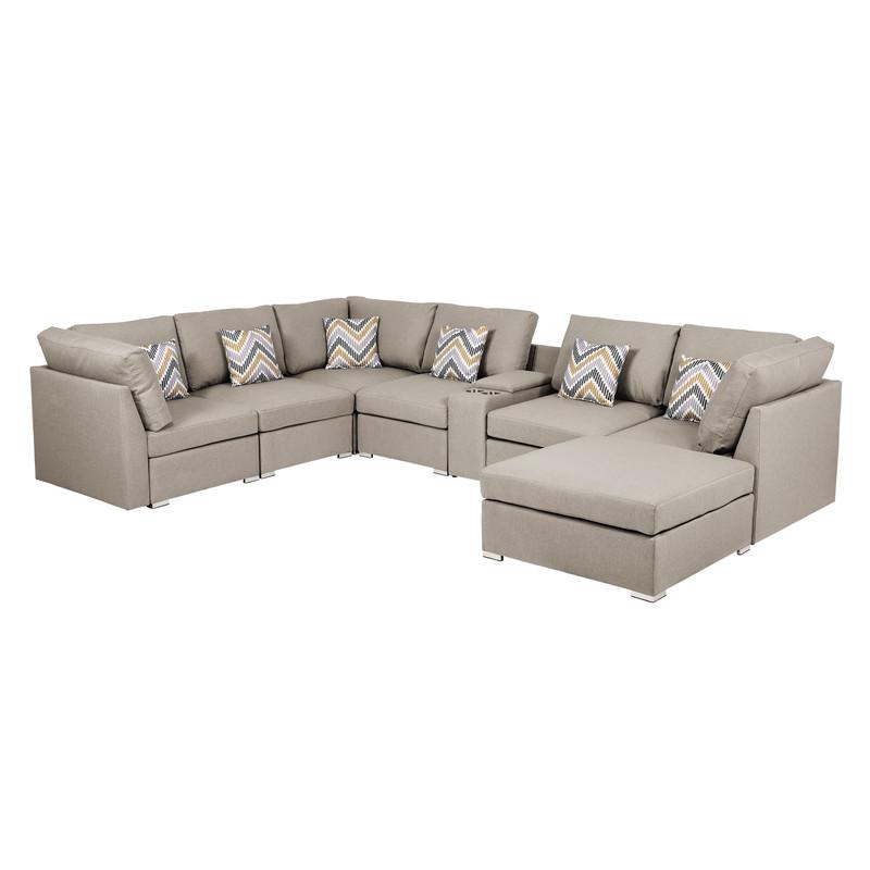 Lucy Beige Fabric Reversible Modular Sectional Sofa with USB Console and Ottoman. Picture 1