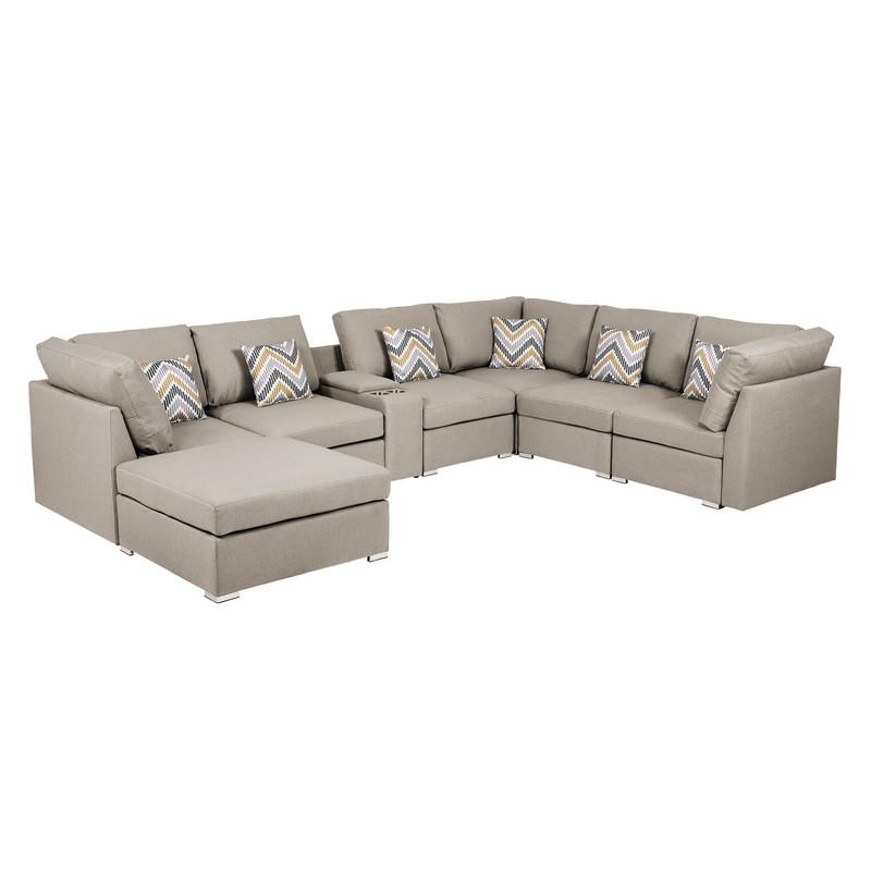 Amira Beige Fabric Reversible Modular Sectional Sofa w/ USB Console and Ottoman. Picture 2
