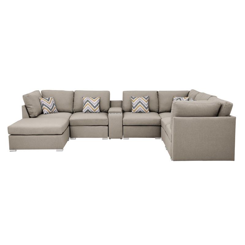 Lucy Beige Fabric Reversible Modular Sectional Sofa with USB Console and Ottoman. Picture 4