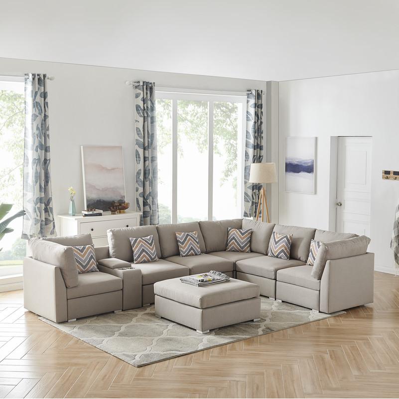 Lucy Beige -Fabric Reversible Modular Sectional Sofa with USB Console and Ottoman. Picture 3