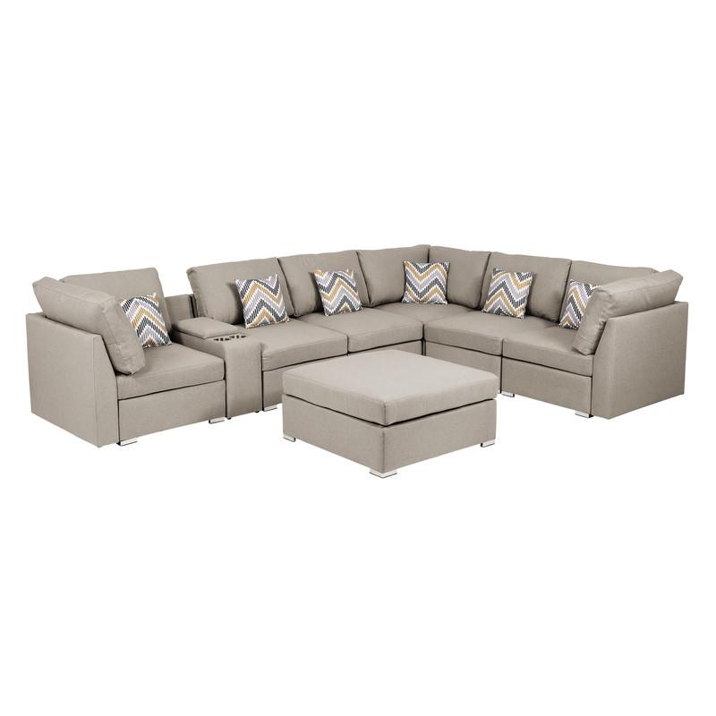 Lucy Beige -Fabric Reversible Modular Sectional Sofa with USB Console and Ottoman. Picture 4