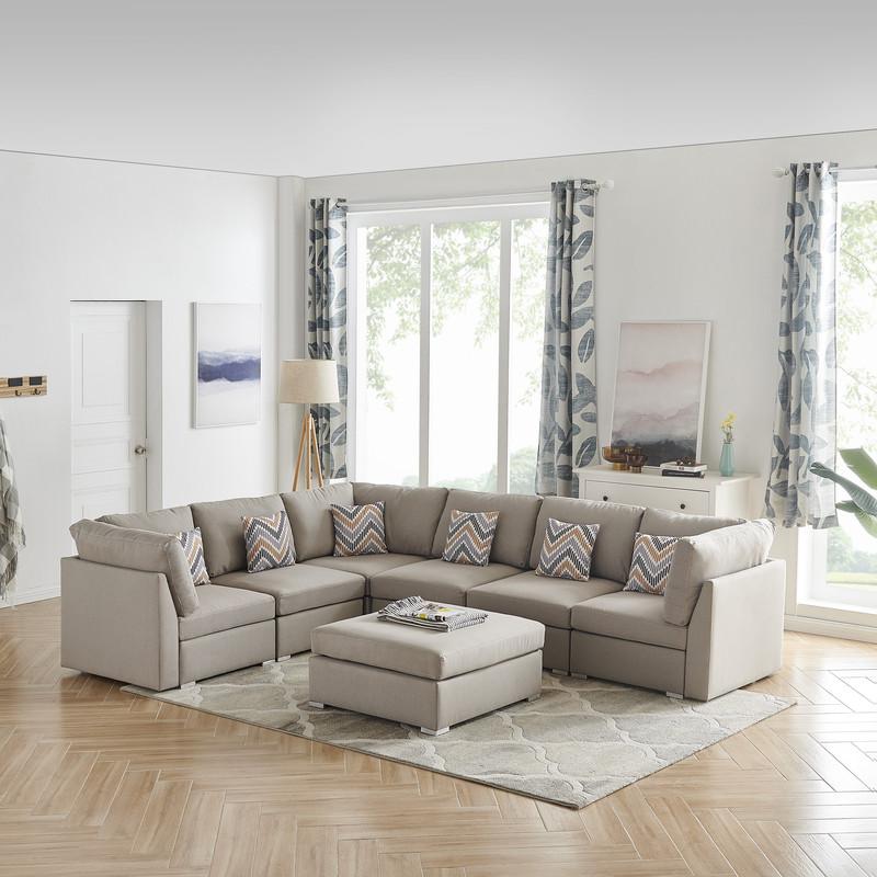Amira Beige Fabric Reversible Modular Sectional Sofa w/ Ottoman & Pillows. Picture 2