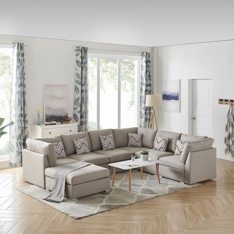 Amira Beige Fabric Reversible Modular Sectional Sofa with Ottoman and Pillows. Picture 1