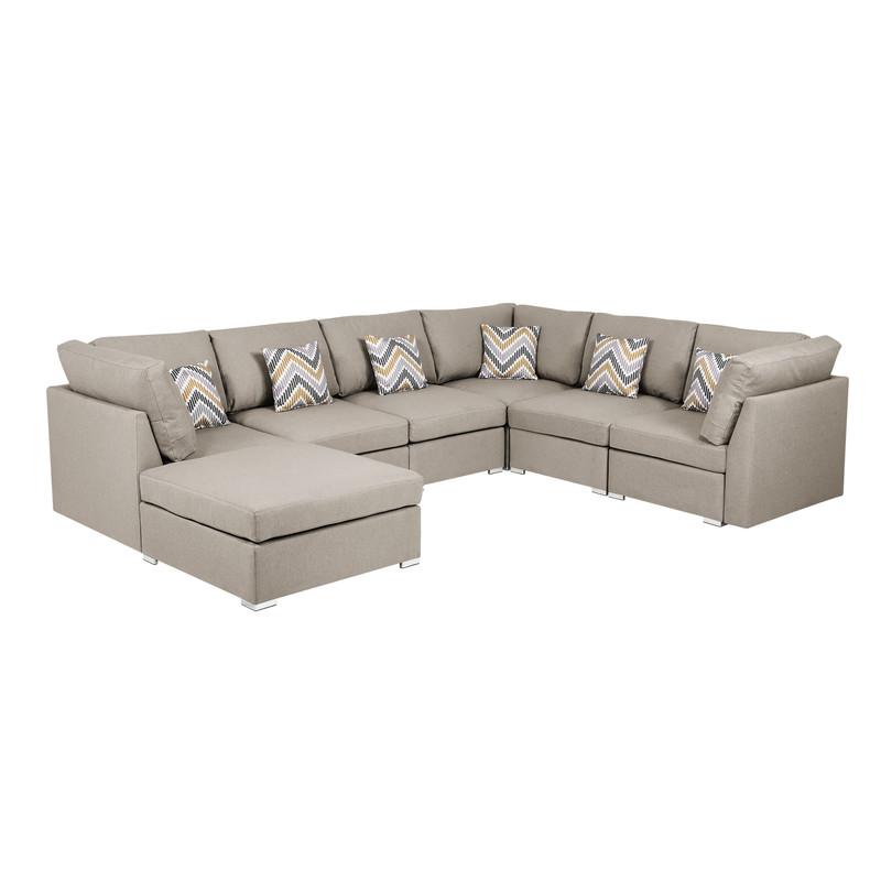 Amira Beige Fabric Reversible Modular Sectional Sofa with Ottoman and Pillows. Picture 3