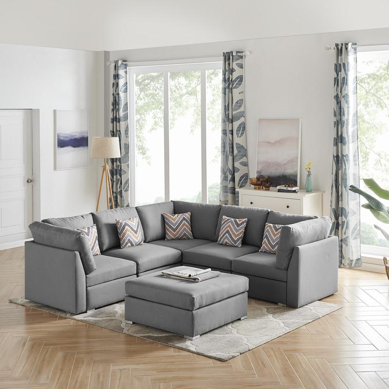 Amira Gray Fabric Reversible Sectional Sofa with Ottoman and Pillows. Picture 2
