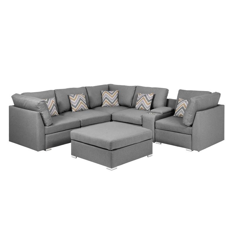 Amira Gray Fabric Reversible Sectional Sofa with USB Console and Ottoman. Picture 4