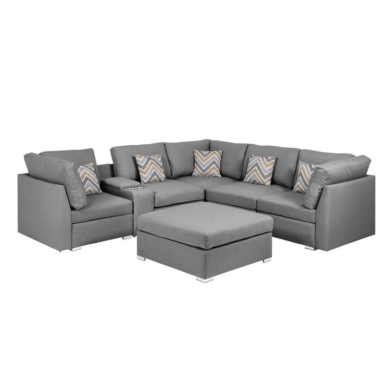 Amira Gray Fabric Reversible Sectional Sofa with USB Console and Ottoman. Picture 5
