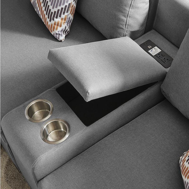Amira Gray Fabric Reversible Sectional Sofa with USB Console and Ottoman. Picture 1