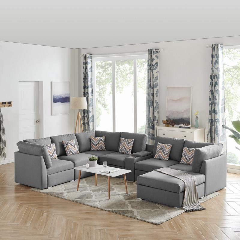 Amira Gray Fabric Reversible Modular Sectional Sofa w/ USB Console and Ottoman. Picture 3