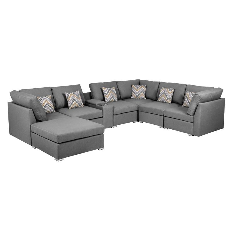 Amira Gray Fabric Reversible Modular Sectional Sofa w/ USB Console and Ottoman. Picture 1
