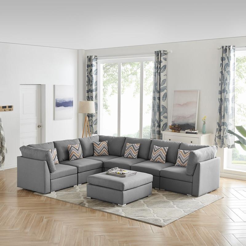 Amira Reversible Modular Sectional Sofa with Ottoman and Pillows in Gray. Picture 2