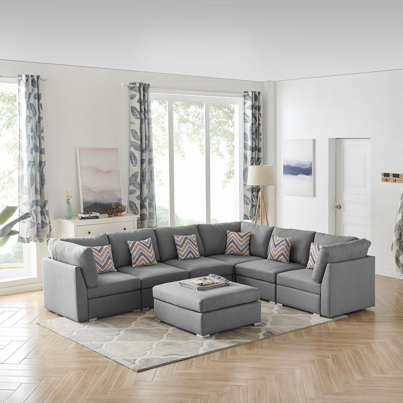Amira Reversible Modular Sectional Sofa with Ottoman and Pillows in Gray. Picture 1