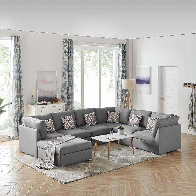 Amira Gray Fabric Reversible Modular Sectional Sofa with Ottoman and Pillows. Picture 1
