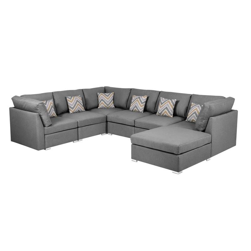 Amira Gray Fabric Reversible Modular Sectional Sofa with Ottoman and Pillows. Picture 3