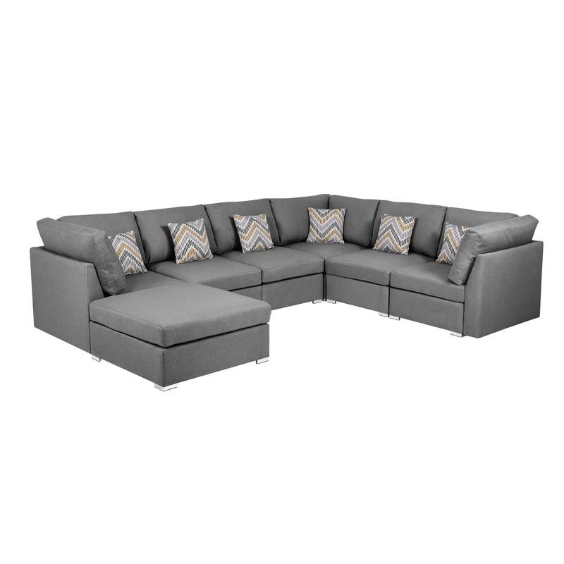 Amira Gray Fabric Reversible Modular Sectional Sofa with Ottoman and Pillows. Picture 4