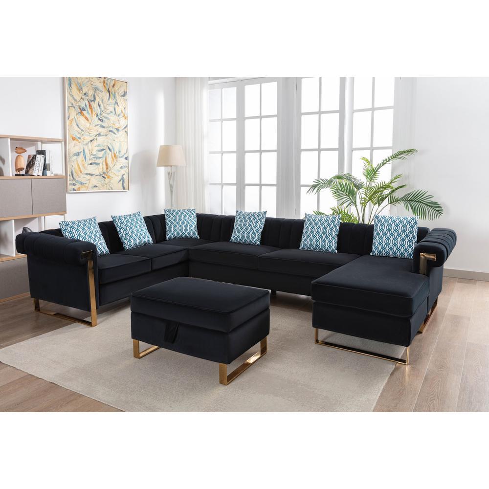 Maddie Black Velvet 7-Seater Sectional Sofa with Reversible Chaise and Storage Ottoman. The main picture.