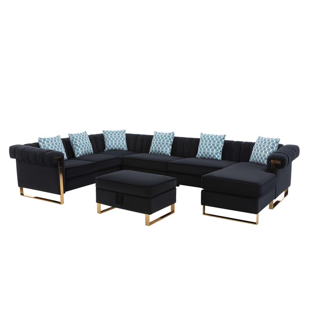 Maddie Black Velvet 7-Seater Sectional Sofa with Reversible Chaise and Storage Ottoman. Picture 2