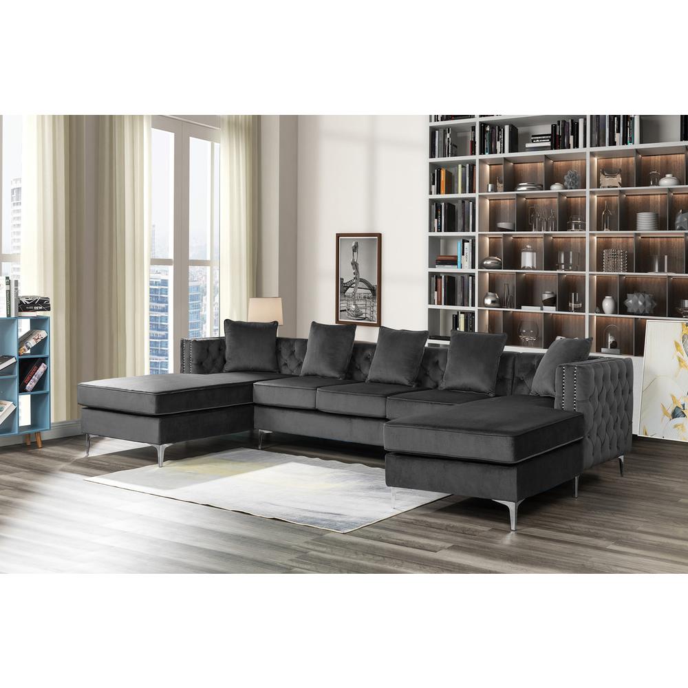 Ryan Dark Gray Velvet Double Chaise Sectional Sofa with Nail-Head Trim. Picture 4