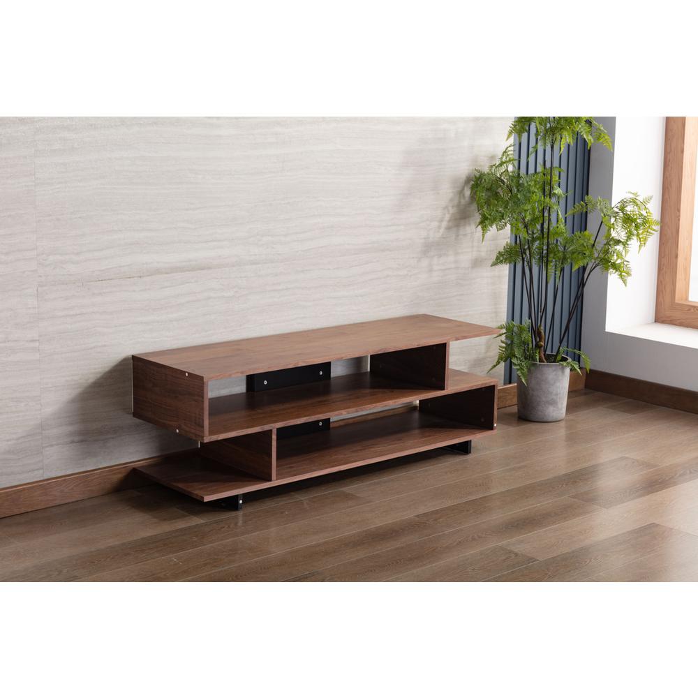 Iris Brown Walnut Finish TV Stand with 2 Levels of Shelves and Black Legs. Picture 5