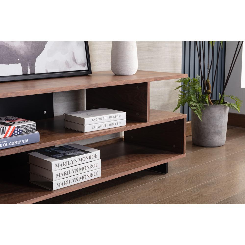 Iris Brown Walnut Finish TV Stand with 2 Levels of Shelves and Black Legs. Picture 8