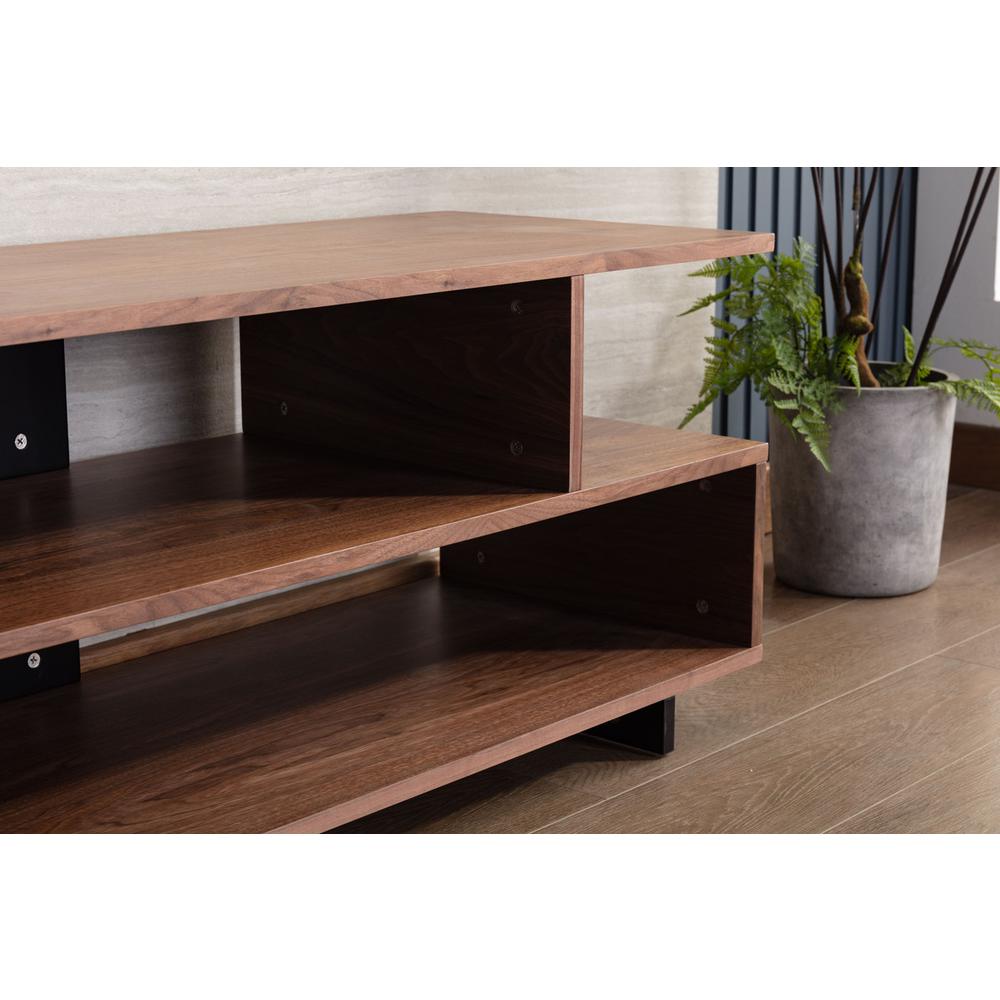 Iris Brown Walnut Finish TV Stand with 2 Levels of Shelves and Black Legs. Picture 6