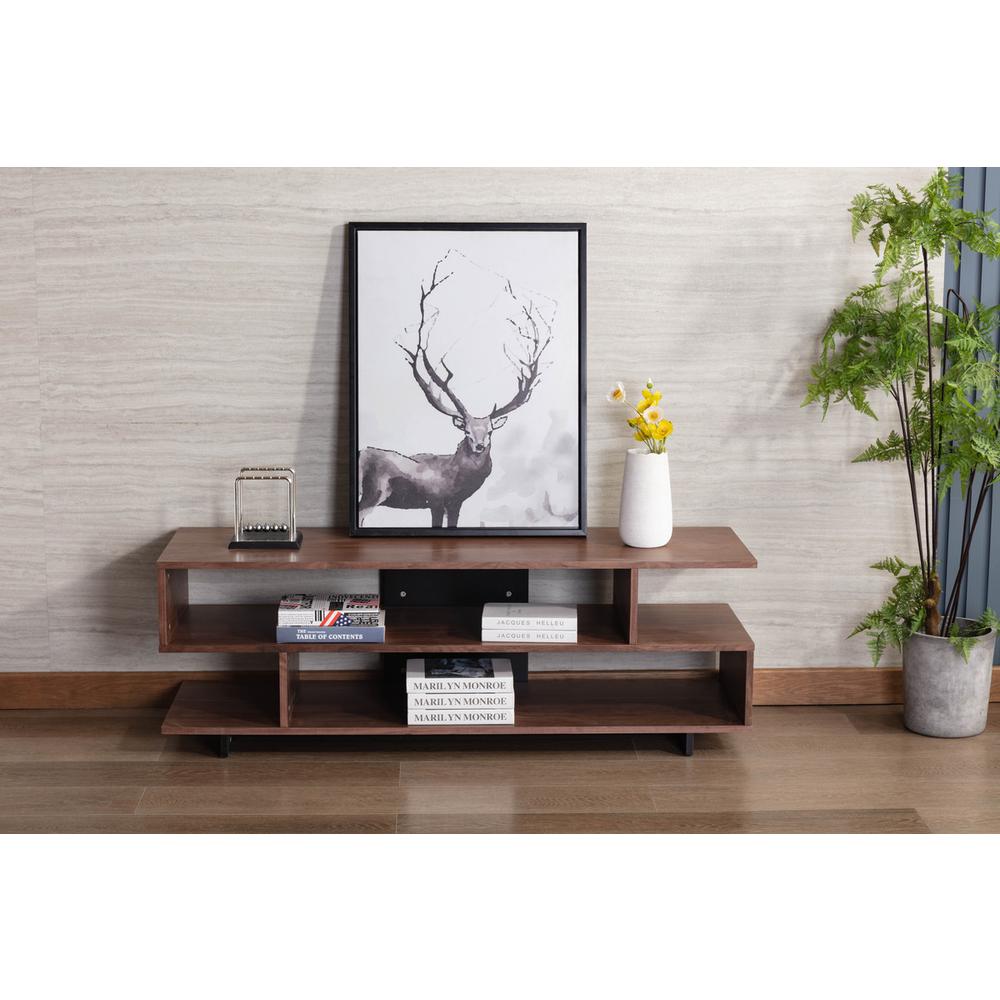 Iris Brown Walnut Finish TV Stand with 2 Levels of Shelves and Black Legs. Picture 2