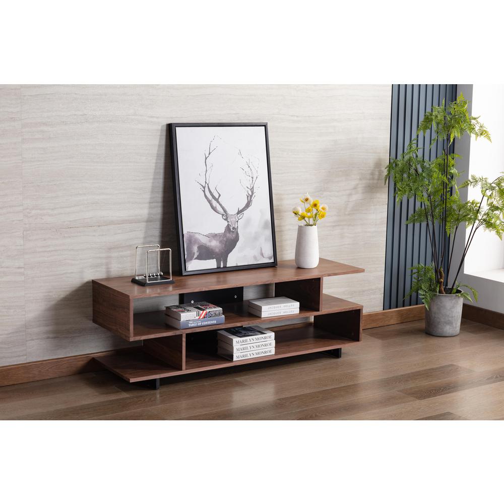 Iris Brown Walnut Finish TV Stand with 2 Levels of Shelves and Black Legs. Picture 4